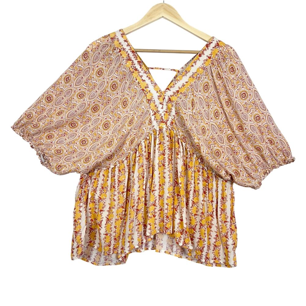 Floral Peasant Boho V-Neck Puff Sleeve Babydoll Oversized Top Size XL Cottage